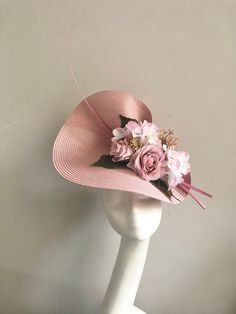 "Light Pink Large Hat with mixed pinks, white and green leaf florals and matching quills, perfect for Royal Ascot, Kentucky Derby, Weddings or any special occasion. A 5mm satin covered headband is attached and a comb to secure the hat in place.  Please choose your preference and colour in the \"Finish\" options. I handmake all my hats so each piece is unique and a one off.  I am an Irish Designer living just outside London.  1-4 days to prepare hat to your requirements. FREE shipping to UK MAINLAND for a limited time only.   Please feel free to ask any questions or if you have a special requirement, I am happy to assist." Navy Blue Fascinator, Hot Pink Hat, Royal Ascot Races, Royal Clothes, Wedding Guest Formal, Kentucky Derby Fascinator, Blue Fascinator, Large Hat, Royal Ascot Hats