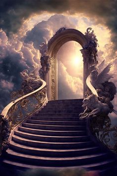 a stairway leading up to an open door in the sky