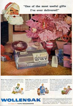 an old advertisement for a radio with santa claus in the background and other items around it