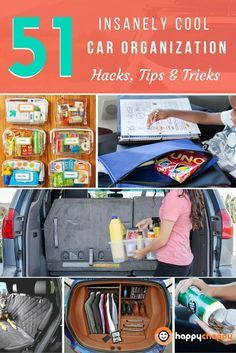 the back of a car with lots of items in it and text overlay that reads 51 insanely cool car organization hacks, tips & tricks