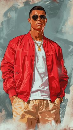 a painting of a man wearing sunglasses and a red jacket with his hands in his pockets