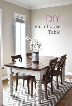 a dining room table and chairs in front of a window with the words diy farmhouse table on it