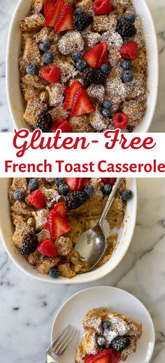 a bowl of french toast casserole with berries and powdered sugar