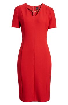 Make a bold entrance wherever you go in this sophisticated sheath dress made with a touch of stretch. 39" length Back zip closure V-neck Short sleeves Partially lined 67% viscose. 29% polyester, 4% elastane Machine wash, line dry Made in Turkey Fitted V-neck Midi Dress For Career, Classic V-neck Career Dresses, Sheath Dress With Flattering Silhouette In Elastane, V-neck Elastane Bodycon Dress With Flattering Silhouette, V-neck Elastane Bodycon Dress, Sleek Elastane Office Dress, Sleek Office Dresses, Sleek V-neck Elastane Dress, Classic Sheath Dress For Career