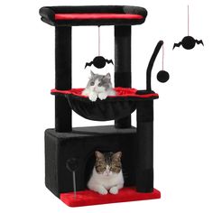 two cats sitting on top of a cat tree in front of a black and red scratching post