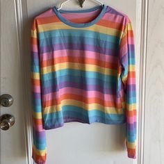 Slightly Cropped, Nwot Trendy Long Sleeve Rainbow Tops, Rainbow Long Sleeve Tops For Spring, Casual Long Sleeve Rainbow T-shirt, Colorful Fitted Long Sleeve Tops, Shein Tops, Rainbow Pride, Rainbow Dash, Long Sleeve Tees, Colorful Shirts