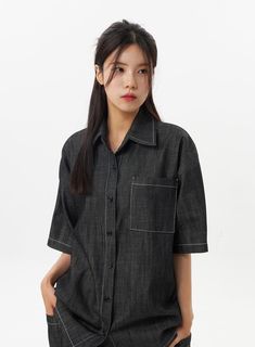 oversized-denim-shirt-ou326 Dark Wash Cotton Collared Shirt, Dark Wash Button-up Denim Top With Pockets, Oversized Dark Wash Button-up Denim Top, Oversized Button-up Washed Blue Denim Top, Unstructured Denim Button-up Shirt, Oversized Denim Shirt, Minimalist Fashion Women, Minimalist Women, Solid Black