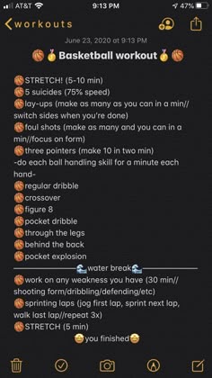 the basketball workout log is displayed on an iphone screen, with other text and numbers