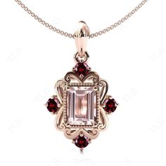 We are Pleased to welcome you in our Store-    TheLesBijoux Short Description about the item-  This Pendant is Made With a Emerald Cut Morganite Gemstone and the accented stones in this Pendant., are the garnet to adorn the look of this beautiful Pendant.. a unique piece to wear occasionally or can be used regularly. Can be offered as a gift to your loved ones, to make them feel special. MATERIAL AVAILABILITY- ( 925 Sterling Silver/ 14k solid gold(white gold / rose gold / yellow gold?  950 Solid Platinum  We make sure that you know that you're getting high quality hand-made crafted jewelry when you purchase items from our store. This beautiful Pendant.. is made to order. Available in all the Required Materials. ( 925 Sterling Silver/ 14k/18k solid gold(white gold / rose gold / yellow gold Morganite Necklace, Art Deco Emerald, Morganite Gemstone, Filigree Pendant, Garnet Pendant, Garnet Gemstone, Feel Special, Watches Jewelry, Morganite