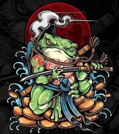 Samurai Frog Tattoo, Hand Drawing Sketches, Japanese Frog Tattoo, Frog Samurai, Vector Art Illustration Graphics, Japanese Art Style, Colored Tattoo Design