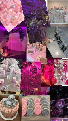 a collage of pink and silver items in various pictures, including cake, cupcakes, chandeliers, and decorations