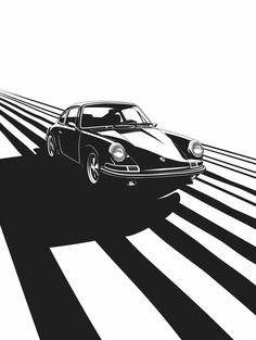 a black and white drawing of a car driving down the road with stripes on it