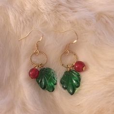 Green Leaf With Red Berry Earrings 925 Plated In Gold 1 1/2" Long 1/2" Wide 12 In Jwl Bin Berry Earrings, Large Drop Earrings, Leaf Beads, Turquoise Drop Earrings, Beaded Leaf, Faux Pearl Earrings, Jewelry Cute, Sterling Silver Marcasite, Spike Earrings