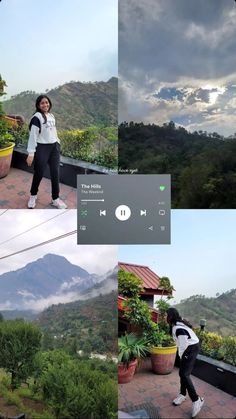 two pictures with the same person in front of mountains and clouds, one has headphones on