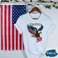 Look patriotic and stylish with this Make America Great Again t-shirt. This 2024 American eagle flag tee has Trump 2024 Republican graphics and is perfect for the 4th of July. Made with 95% Polyester and 5% Spandex, it's incredibly comfortable and provides a soft yet stretchy touch. Show your support with this stylish tee! Eagle Flag, Flag Shirt, American Pride, American Style, Casual T Shirts, Funny Shirts, Shirts For Girls, 4th Of July, American Eagle