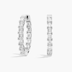 An elevated twist on a timeless piece, these 14k white gold lab grown diamond hoop earrings showcase 3 ct. tw. of emerald lab grown diamonds intricately arranged in an eternity-inspired design. Wedding Ring Guide, Gold Diamond Hoop Earrings, Platinum Rose Gold, Engagement Rings Marquise, Gold Rings Fashion, Gold Pearl Necklace, Ladies Diamond Rings, Diamond Hoop Earrings, Engagement Ring Styles