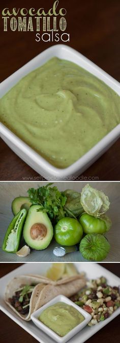 avocado dip and tortilla salad are shown in three different pictures, one is on a plate the other has an avocado