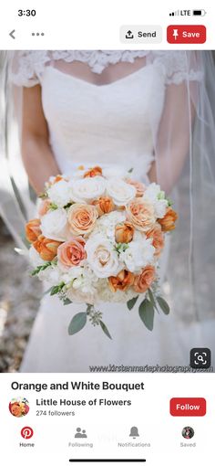 an orange and white bouquet is featured on the instagram page for this wedding photo