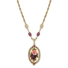 2028 Manor House Gold Tone Oval Floral Decal Pendant Necklace 16 - 19 Inch Adjustable 1928 Jewelry, Cameo Jewelry, Inspired Necklace, Crystal Pendant Necklace, Rose Pendant, Amethyst Color, Vintage Style Jewellery, Gold Dipped, Crystal Necklace Pendant