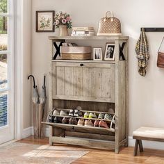 a wooden shoe rack filled with shoes next to a window