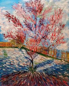 a painting of a tree with pink flowers in the foreground and blue sky behind it