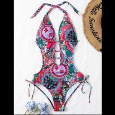 Tropical Multicolor Halter Monokini One Piece Swimsuit (Small) * Size: Small (Runs Small) * Color: Deep Beautiful Colors - Pink / Red / Yellow / Green / Blue / Purple / White / Black * Halter Style - Tie Back * No Wire * Removable Padding * Bottom Is High Cut With Side Ties * Inside Lining Approximate Measurements: Bust 34.6” / Waist 26.8” - 37” / Length 25.2” Pink Backless Swimwear, Multicolor Backless Swimwear For Beach Party, Pink Sleeveless One Piece For Pool, Sleeveless Pink One-piece For Pool, Sleeveless Pink One Piece For Pool, Pink Summer One-piece For Pool, Pink One Piece Beachwear, Pink One Pieces For Beach Season, Pink Summer One-piece Swimsuit For Pool