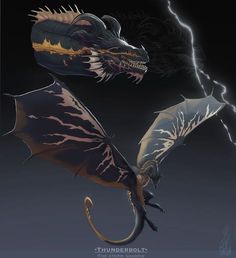 two dragon like creatures with lightning in the back ground and one on top of it