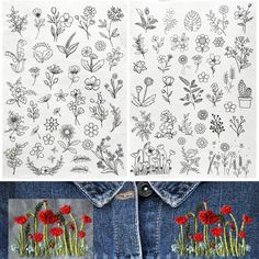 two pictures with flowers and plants on them, one is made out of jean pants