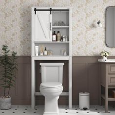 a white toilet sitting under a bathroom mirror next to a cabinet filled with personal care items