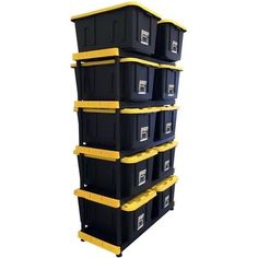 six plastic storage bins stacked on top of each other with yellow trim around them