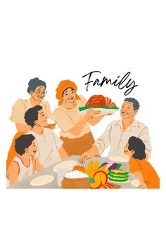 a family is gathered around a table with food on it and the words family written in large letters