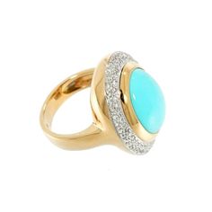 Estate Jewelry Estate Jewelry - Oval Cabochon Turquoise and Diamond Yellow Gold Cocktail Ring | Manfredi Jewels Yellow Gold Cocktail Ring, Diamond Cocktail Ring, Gold Cocktail Ring, Gold Cocktail, Diamond Cocktail Rings, Oval Cabochon, Round Brilliant Cut Diamond, Cocktail Ring, Round Brilliant Cut