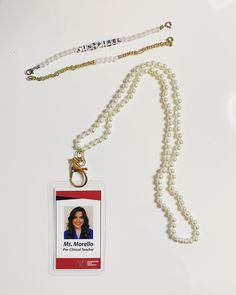 Pearl beaded lanyard for name badge🤍 Adjustable Beaded Chain Lanyard For Gift, Customizable Adjustable White Lanyards, Customizable White Lanyards As Gifts, Personalized White Lanyards For Everyday Use, Customizable White Lanyards For Gifts, Customizable White Lanyards, Personalized White Lanyards For School, White Rectangular Badge Holder For Personal Use, Customizable White Badge Holders For Personal Use