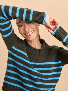 Get on board with our olive and blue stripe, 7-ply wool-cashmere sweater, shrunken and slightly cropped, but as always, comfort and style not mutually e... Striped Cashmere Winter Sweater, Winter Striped Cashmere Sweater, Striped Cashmere Sweater For Winter, Toaster Sweater, Marin Sweater, Chelsea Girls, Natasha Lyonne, Lady M, Fisherman Sweater