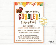 a thanksgiving card with the words gobbled, now what? and a turkey on it