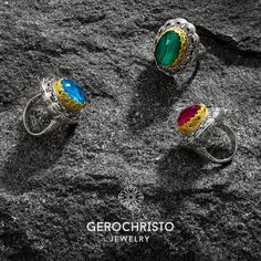 Penelope collection Rings in sterling silver with Gold plated parts and doublet stones apatite, malachite Nd ruby Ruby, Gold Plate, Amethyst, Plating, Sterling Silver