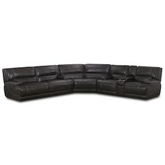 a black leather sectional sofa with two recliners on the bottom and one end