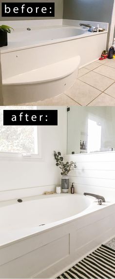 before and after photos of a bathroom remodel with tub, sink, and mirror