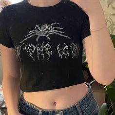 Spider Rhinestone Crop Top Y2k Crew Neck T-shirt For Night Out, Black Gothic T-shirt For Summer, Gothic Tops With Letter Print, Edgy Black T-shirt For Party, Fitted Black T-shirt With Rhinestones, Punk Style Graphic T-shirt For Parties, Black Rhinestone T-shirt For Streetwear, Black Rhinestone T-shirt For Party, Grunge Crew Neck Party Top