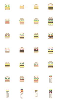 the hamburgers are all different colors and sizes