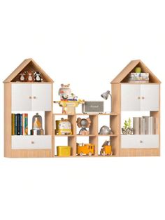 two wooden shelves with books, toys and other items on them in front of a white background