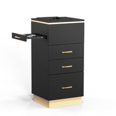 a black and gold filing cabinet with three drawers on each side, one drawer open