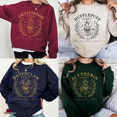 three different styles of sweatshirts with the same name on them, one is for ravenclaw and two are for gryffindor