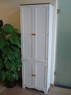 a tall white cabinet next to a potted plant