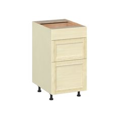 a white cabinet with two drawers on the bottom and one drawer open, against a white background