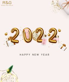 a happy new year card with gold balloons and presents