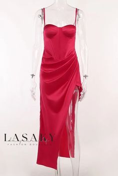 Lasaky - Elegant High Waisted Open Back Bodycon Party Dress Sleeveless Ruched Maxi Dress For Party Season, Summer Party Ruched Maxi Dress, Ruched Maxi Dress For Summer Party, Red Satin Maxi Dress For Party, Chic Strapless Dress For Costume Party, Elegant Strapless Dress For Costume Party, Party Satin Maxi Dress, Ruched Satin Maxi Dress For Party, Pink Ruched Satin Party Dress