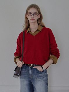 Composition : Super Pineul 55% Cash nylon 45%Country of Origin : Republic of Korea Casual Fine Knit V-neck Sweater, Casual V-neck Sweater For Work, Red V-neck Sweater For Work, Red Knitted Sweater, Red Knit Sweater, Ponds, Knitted Sweaters, Knitwear, Composition