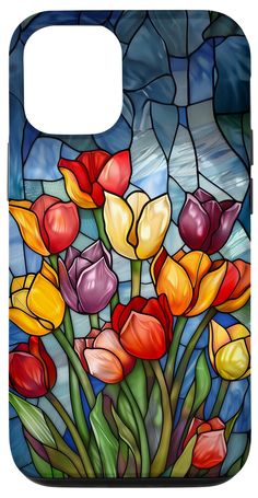 a stained glass phone case with colorful flowers