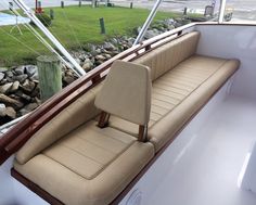 the inside of a boat with two seats on it